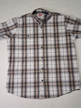 Wrangler Men's White Beige and Black Plaid Button-Down Shirt